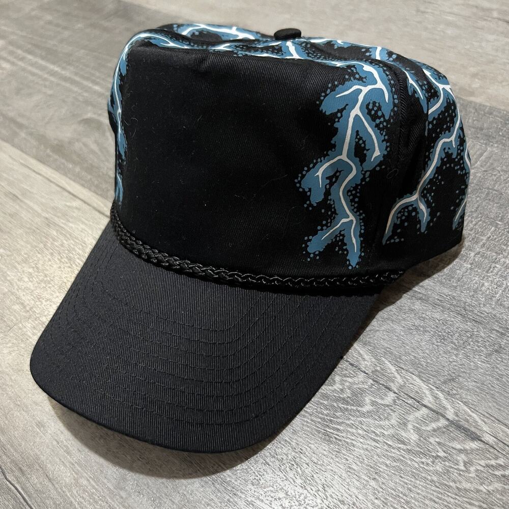 VTG American Thunder 90s Black Lightning Snapback Blank Biker Trucker Hat NOS